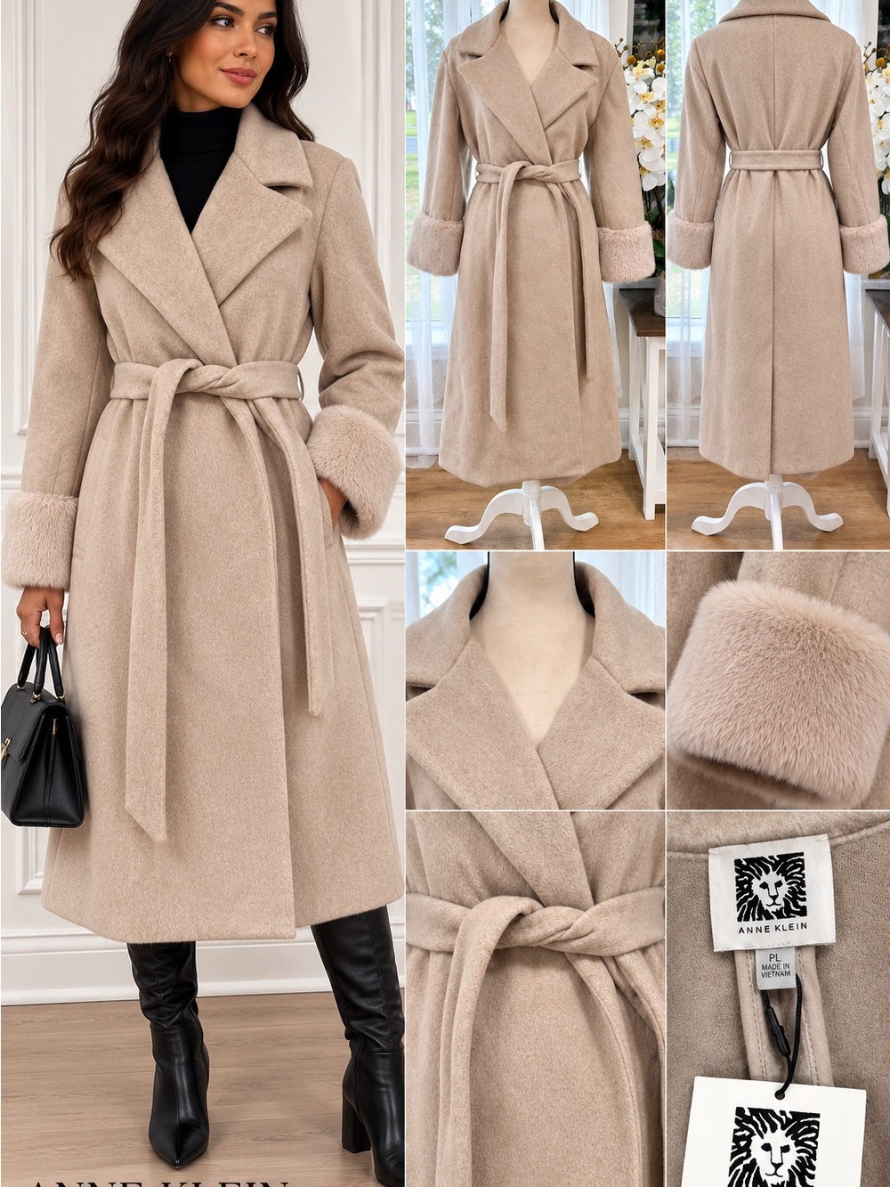 Anne Klein Petite Large Beige Wrap Coat Faux Fur Cuffs Belted NWT